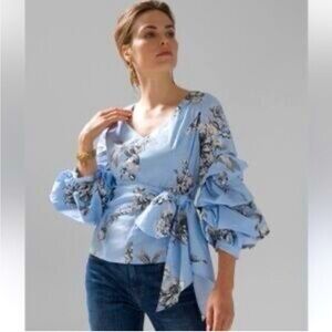 NWT White House Black Market Blue and White Floral Blouse